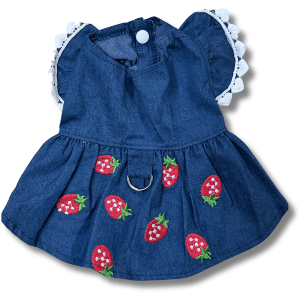 Blue Denim Dog Summer Strawberry Dress Back Blue Denim Dog Summer Strawberry Dress Back