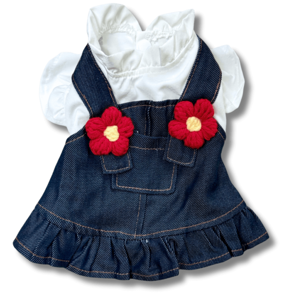 Denim Style Dog Dress with Blouse and Flowers Back Denim Style Dog Dress with Blouse and Flowers Back