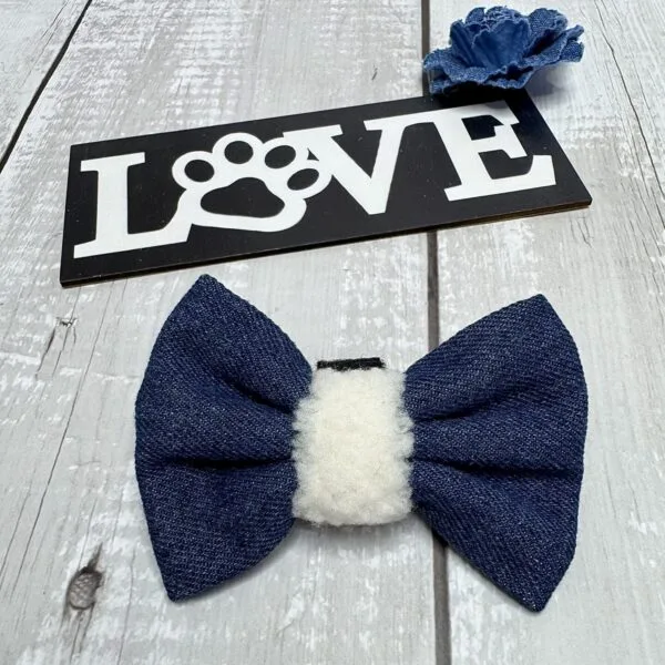 Denim Dog Bow Tie with Fleece Front Pic