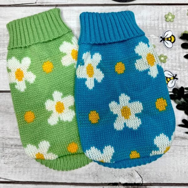 Green and Blue Knitted Dog Jumper Back Floral Knit Pet Sweater