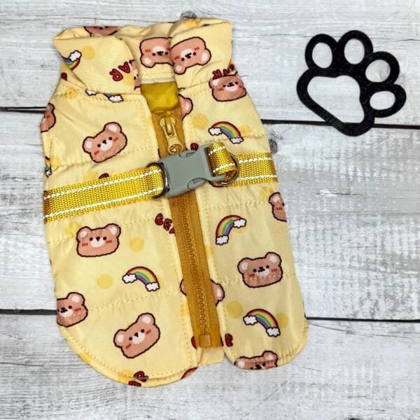 Teddy Print Dog Jacket Yellow Back