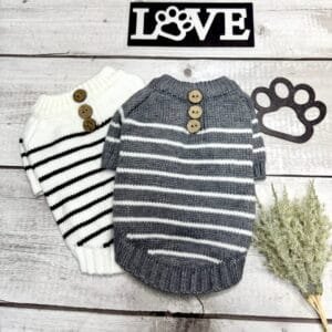 White and Grey Stripped Knitted Dog Jumper French Striped Knitted Dog Jumper