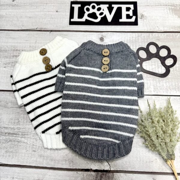 White and Grey Stripped Knitted Dog Jumper French Striped Knitted Dog Jumper